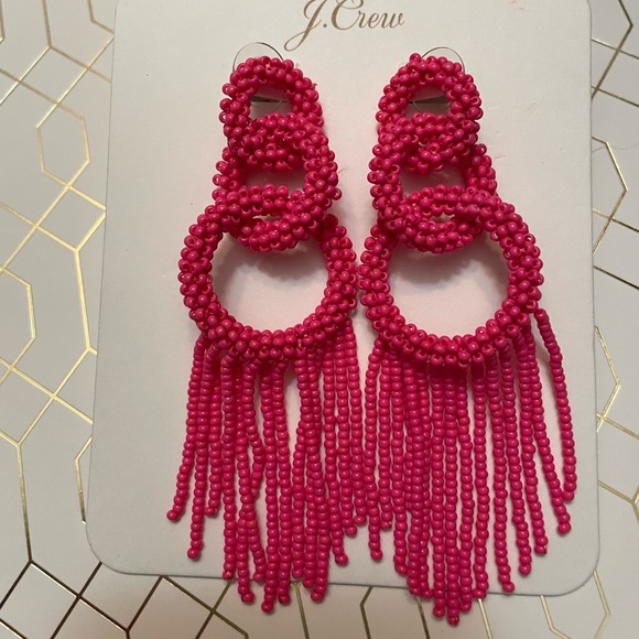 J.CREW Beaded Fringe Earrings NWT Bright Pink - Picture 3 of 5